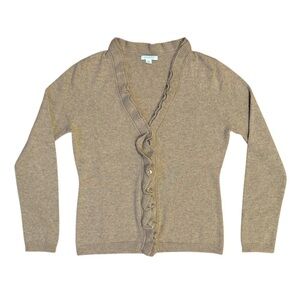 Garnet Hill | Cashmere Cardigan Sweater Ruffle Edge Pearl Button Tan, Small